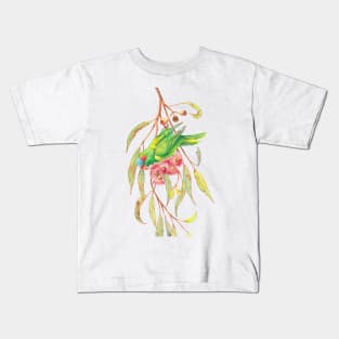 Musk lorikeet parrot and eucalyptus branch with pink flowers Kids T-Shirt